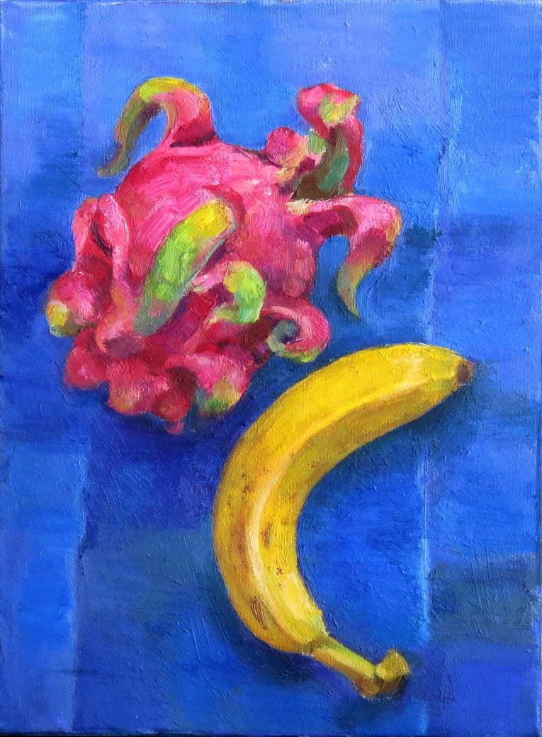 Still life with dragon fruit and banana, oil, canvas, 16x12''