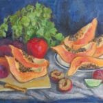 Still life with cut papaya, oil, canvas, 24x18''