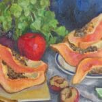 Still life with cut papaya, oil, canvas, 24x18''