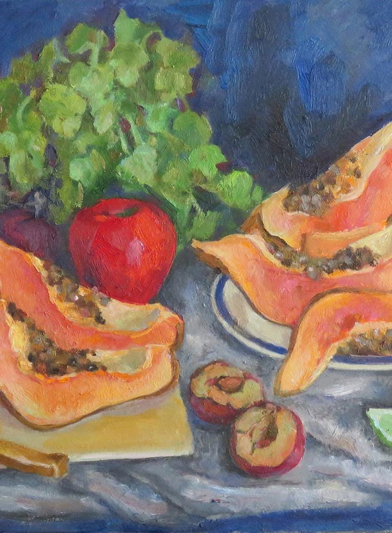 Still life with cut papaya, oil, canvas, 24x18''