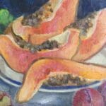 Still life with cut papaya, oil, canvas, 24x18''