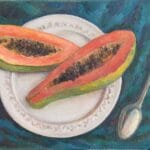Still life with papaya on a plate, oil, canvas, 16x12''