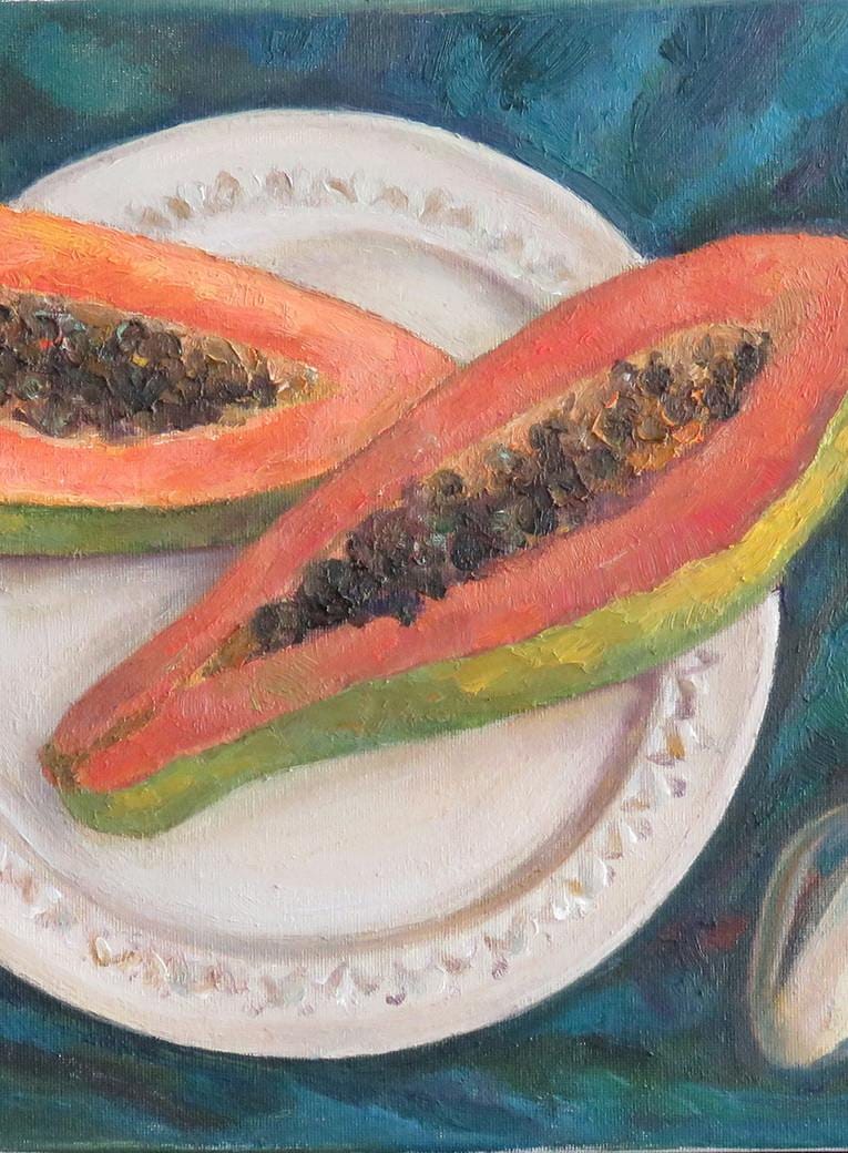 Still life with papaya on a plate, oil, canvas, 16x12''