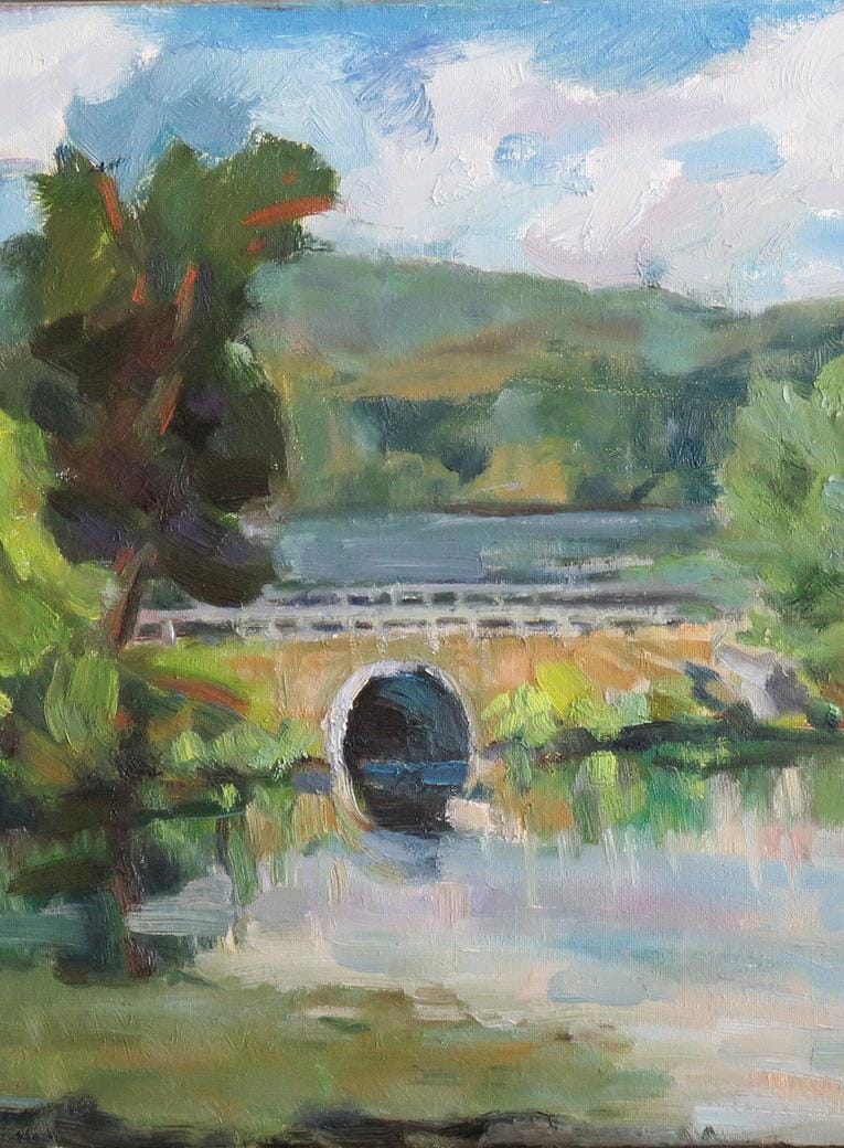 Landscape with river and a bridge, oil, canvas, 20x16''